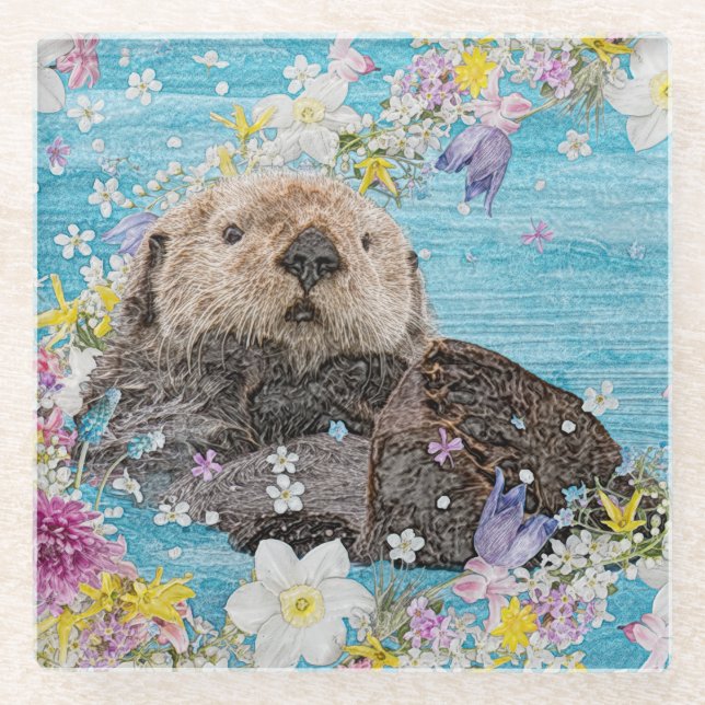 Fairytale Otter in River of Flowers Glass Coaster (Front)