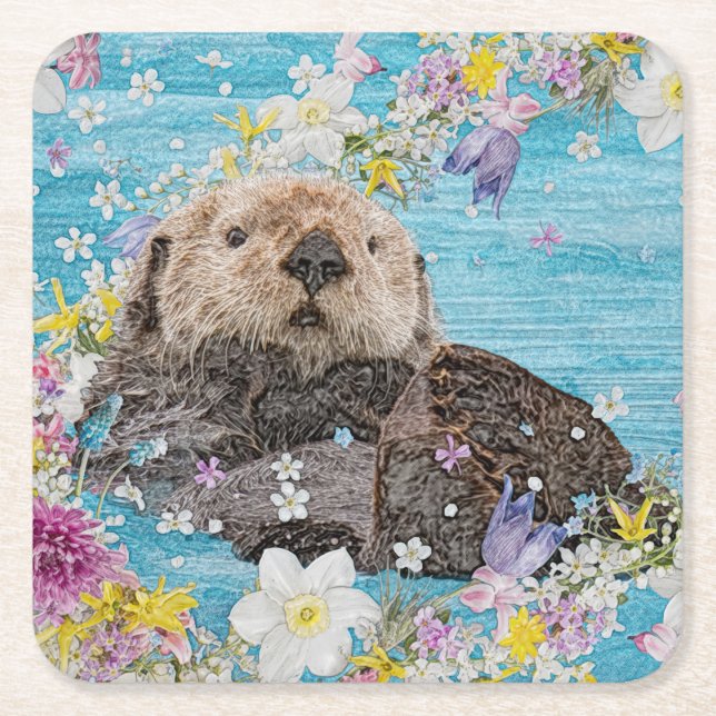 Fairytale Otter in River of Flowers Square Paper Coaster (Front)