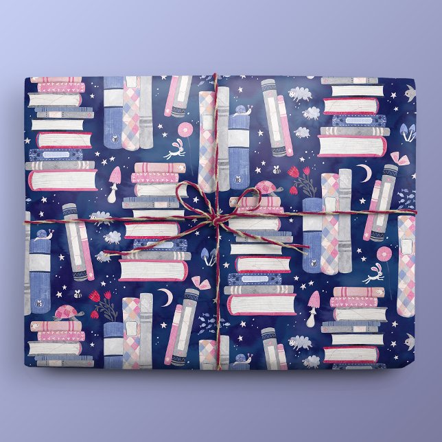 Fairytale Pile of Books Blue Wrapping Paper (Gift Mockup)