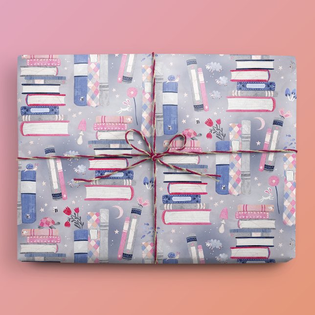Fairytale Pile of Books Gray Wrapping Paper (Gift Mockup)