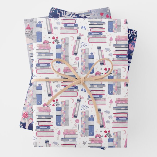 Fairytale Pile of Books Set of Three Wrapping Paper Sheets (In situ)