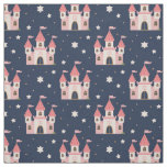 Fairytale Pink Castle with Stars on Blue Fabric