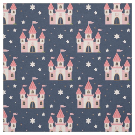 Fairytale Pink Castle with Stars on Blue Fabric
