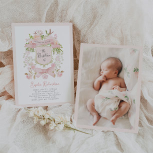 Fairytale Pink Flowers and Crest Photo Baptism Invitation