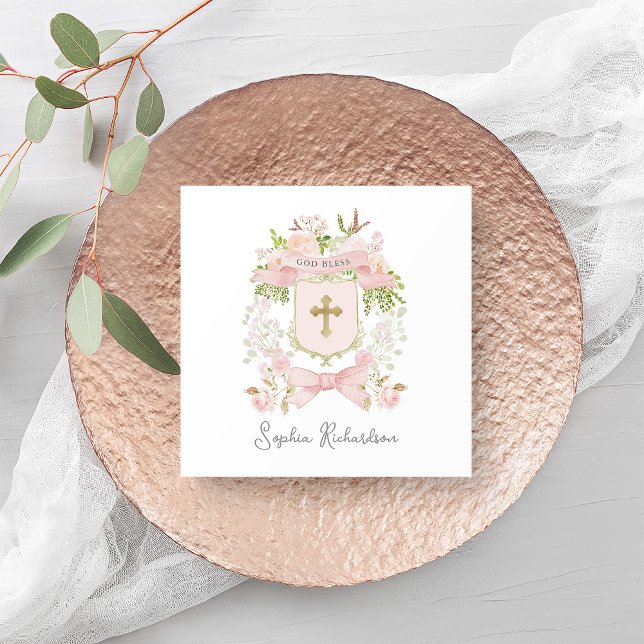 Fairytale Pink Flowers Crest and Cross | Baptism Napkins (Creator Uploaded)