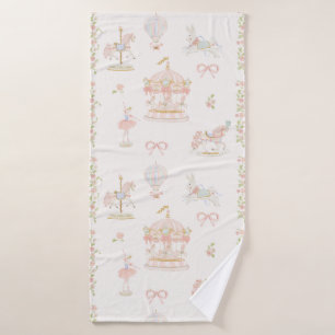 Fairytale Pink Girls Carousel First Birthday Party Bath Towel