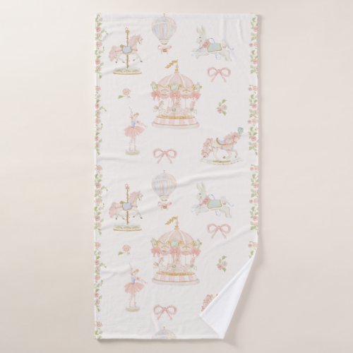 Fairytale Pink Girls Carousel First Birthday Party Bath Towel