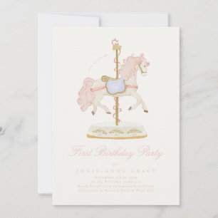 Fairytale Pink Girls Carousel First Birthday Party Invitation