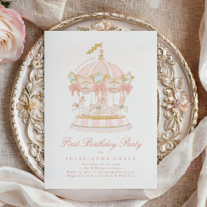 Fairytale Pink Girls Carousel First Birthday Party Invitation