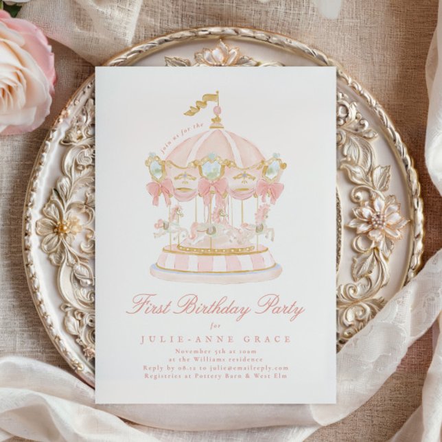 Fairytale Pink Girls Carousel First Birthday Party Invitation (Creator Uploaded)