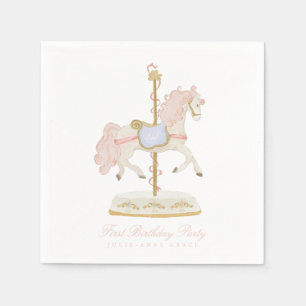 Fairytale Pink Girls Carousel First Birthday Party Napkins