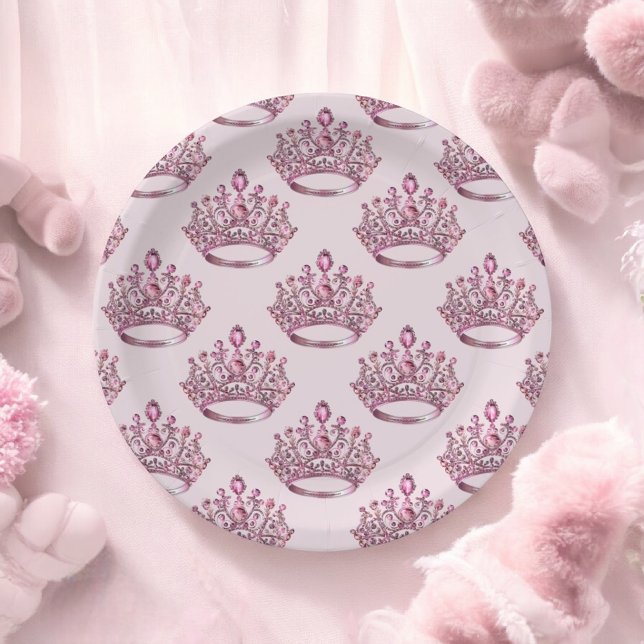 Fairytale Pink Princess Crown Birthday Paper Plates (Creator Uploaded)