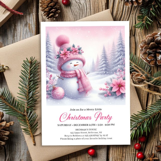Fairytale Pink Snowman Editable Christmas Kids  Invitation (Fairytale Pink Snowman Editable Christmas Kids Party Invite)