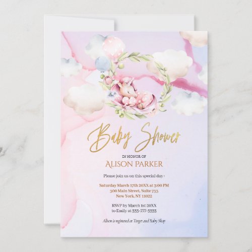 Fairytale Pink Unicorn Dream Cloud  Baby Shower Invitation