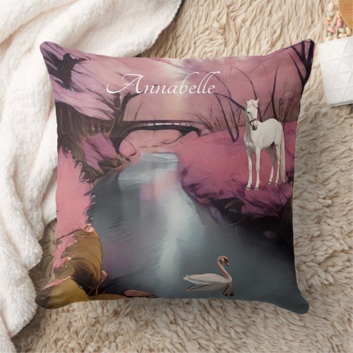 Fairytale Pink Watercolor Horse Throw Pillow