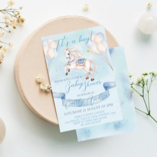 Fairytale Pony Star Balloons Baby Shower Boy Invitation