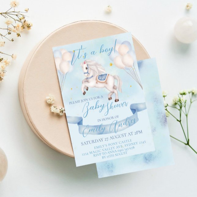 Fairytale Pony Star Balloons Baby Shower Boy Invitation (Creator Uploaded)