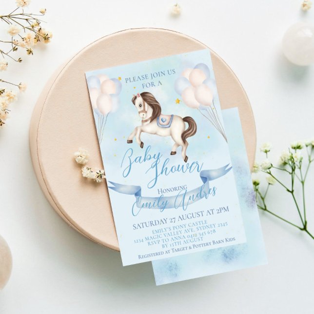 Fairytale Pony Stars Balloons Baby Shower Boy Invitation (Creator Uploaded)