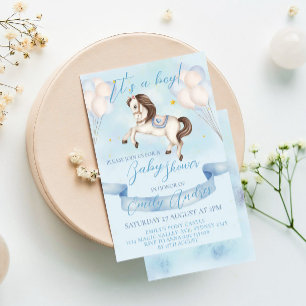 Fairytale Pony Stars Balloons Baby Shower Boy Invitation