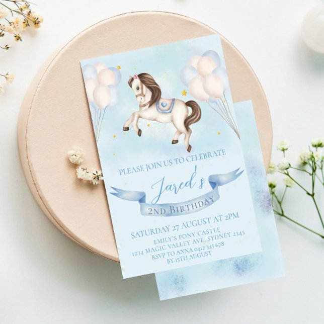Fairytale Pony Stars Blue Balloons Birthday Party Invitation (Creator Uploaded)