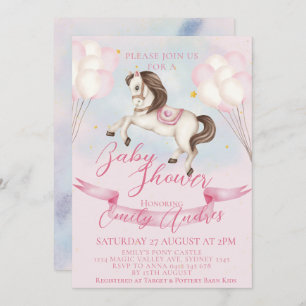 Fairytale Pony Stars Pink Balloons Baby Shower Invitation