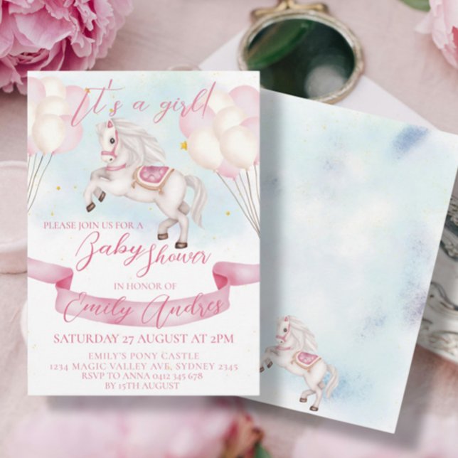 Fairytale Pony Stars Pink Balloons Baby Shower Invitation (Creator Uploaded)