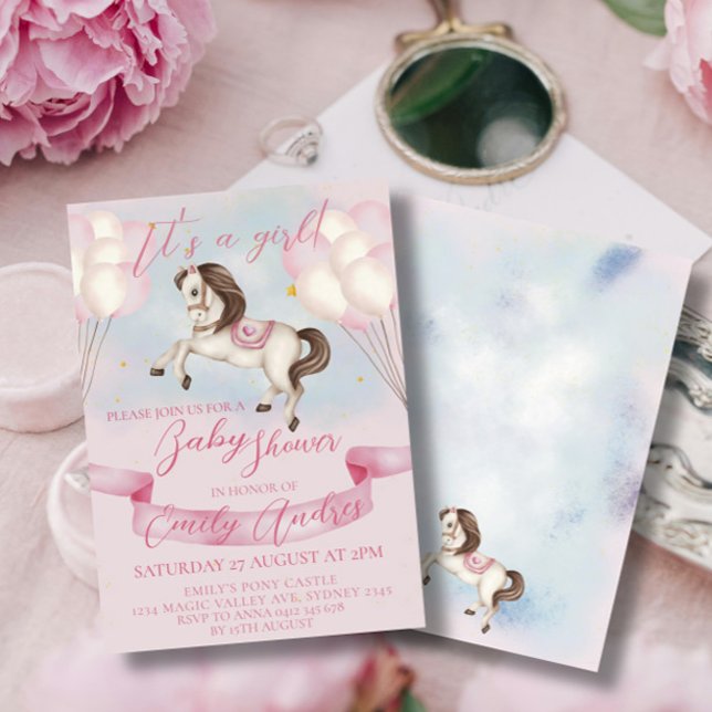 Fairytale Pony Stars Pink Balloons Baby Shower Invitation (Creator Uploaded)