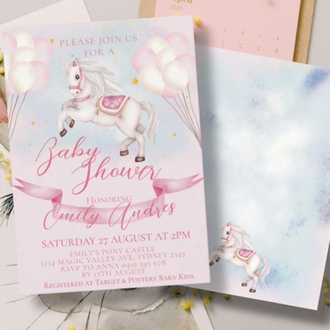 Fairytale Pony Stars Pink Balloons Baby Shower Invitation (Creator Uploaded)
