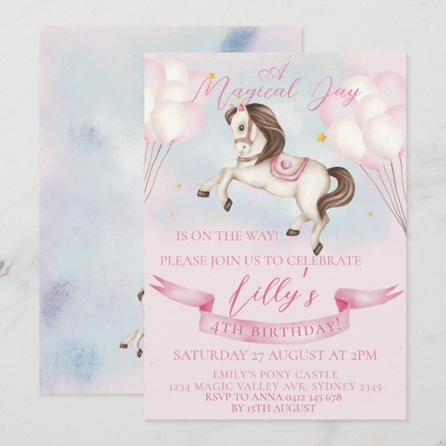 Fairytale Pony Stars Pink Balloons Birthday Party Invitation (Front/Back)