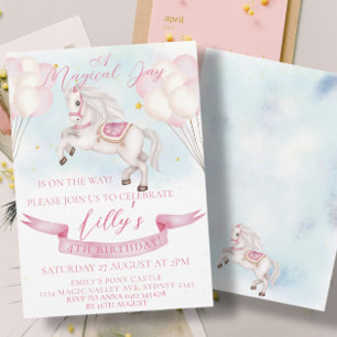 Fairytale Pony Stars Pink Balloons Birthday Party Invitation