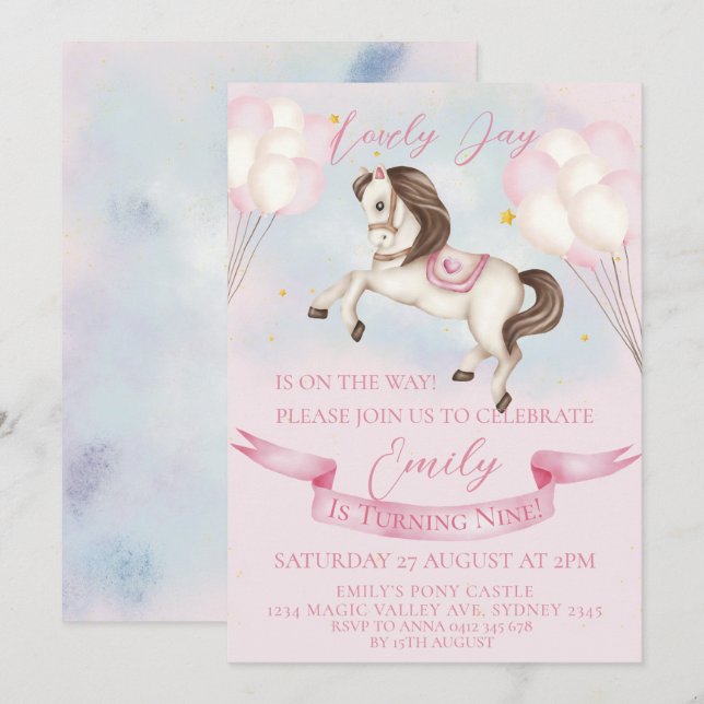 Fairytale Pony Stars Pink Balloons Birthday Party Invitation (Front/Back)