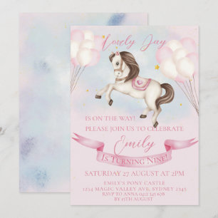 Fairytale Pony Stars Pink Balloons Birthday Party Invitation