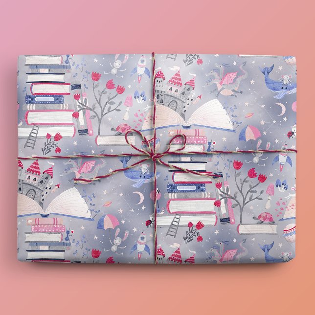 Fairytale Pop Up Book Castle Gray Wrapping Paper (Gift Mockup)