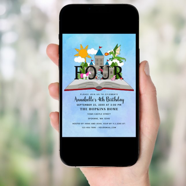 Fairytale Pop Up Book Kids Fourth Birthday Invitation (Front Digital)