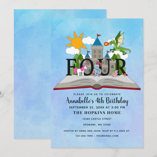 Fairytale Pop Up Book Kids Fourth Birthday Invitation (Front/Back)