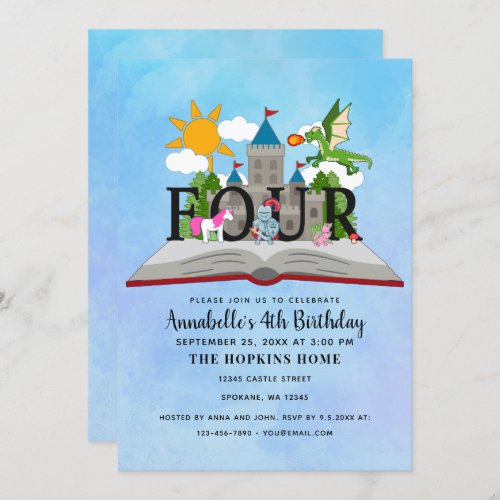 Fairytale Pop Up Book Kids Fourth Birthday Invitation