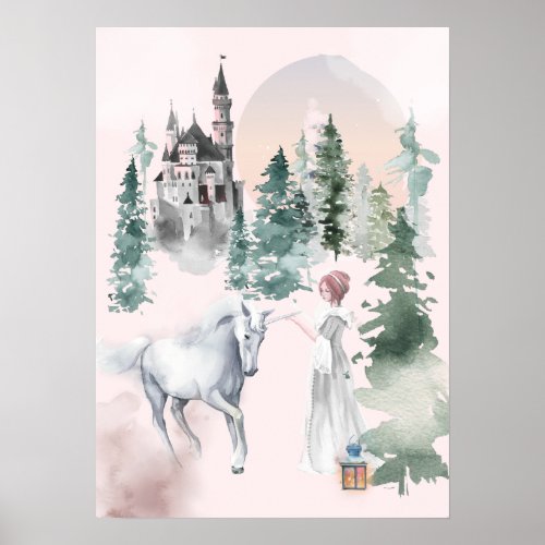 Fairytale Princess and Unicorn of Forest Castle Poster