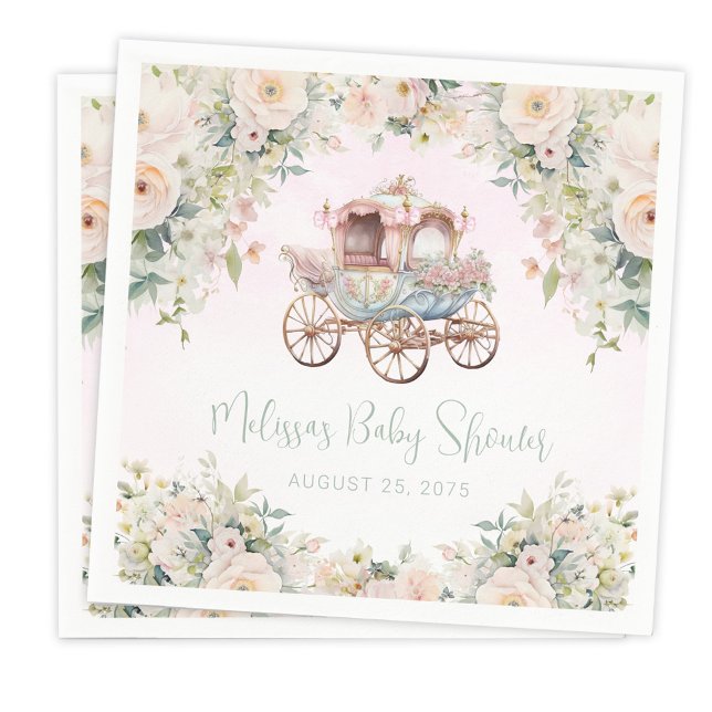 Fairytale Princess Carriage Girl Watercolor Floral Napkins (You can add your own text.)