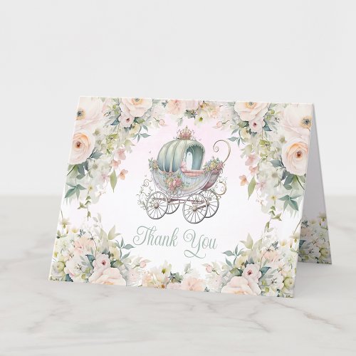 Fairytale Princess Carriage Girl Watercolor Floral Thank You Card