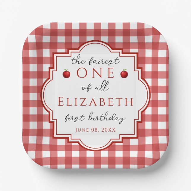 Fairytale Princess Fairest One Red Plaid Birthday Paper Plates (Front)