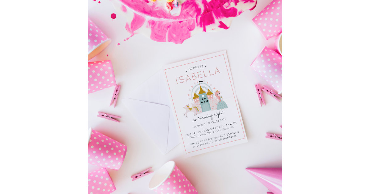 Royal Princess Scroll Birthday Invitation in Gold and Pink, Pink