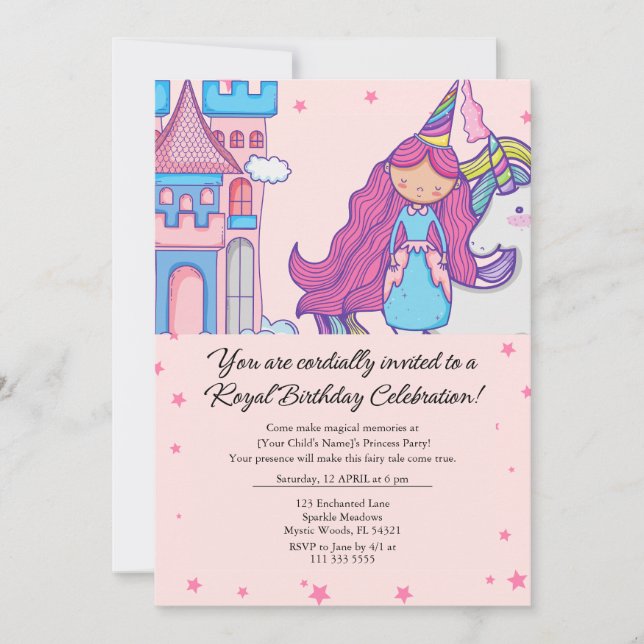 Fairytale Princess with Unicorn Birthday Party Invitation (Front)