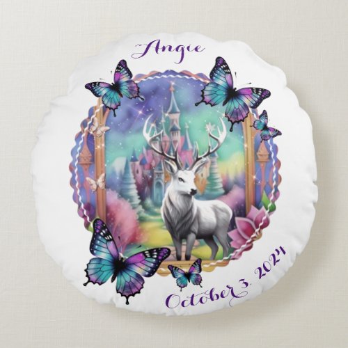 Fairytale Purple and Teal Watercolor Stag White Round Pillow