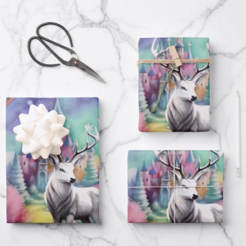 Fairytale Purple and Teal Watercolor White Stag Wrapping Paper Sheets