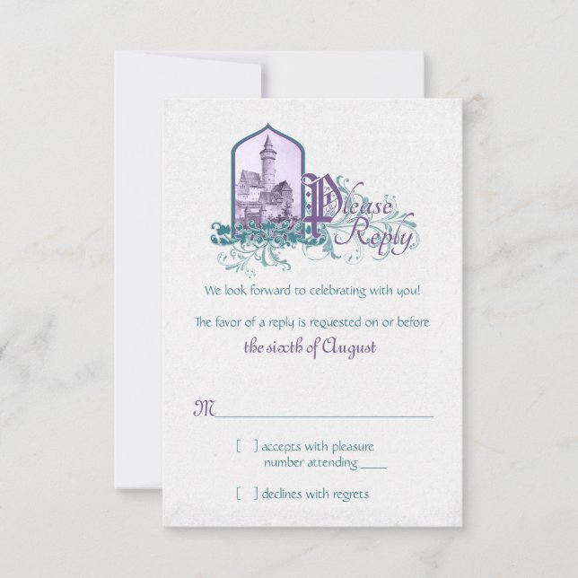 Fairytale Purple Teal Castle Wedding RSVP (Front)