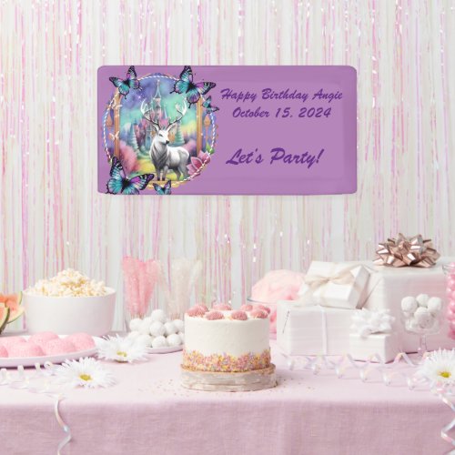 Fairytale Purple Watercolor White Stag Banner