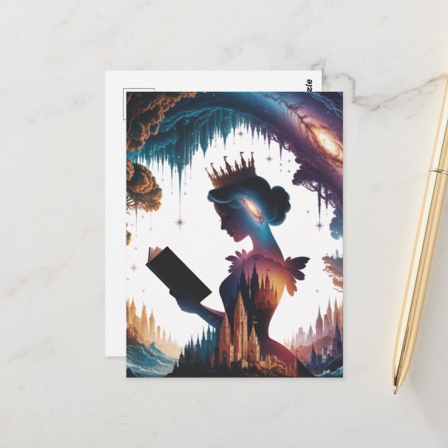 Fairytale Queen Reading Postcard (Front/Back In Situ)