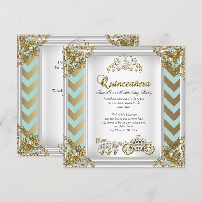 Fairytale Quinceanera 15th Birthday Mint Gold 2 Invitation (Front/Back)