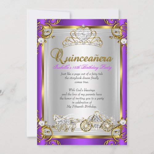 Fairytale Quinceanera 15th Birthday Purple Gold Invitation