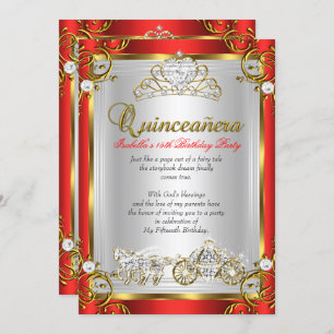Fairytale Quinceanera 15th Birthday Red Gold Invitation